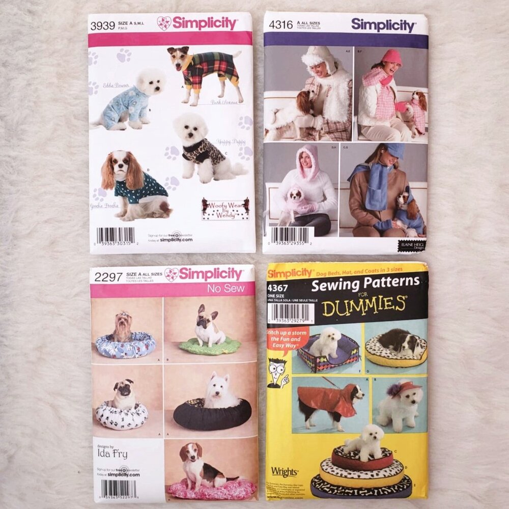 4 NEW Uncut SIMPLICITY Dog Bed Clothes Coats Hats + Misses Hats Sewing Patterns